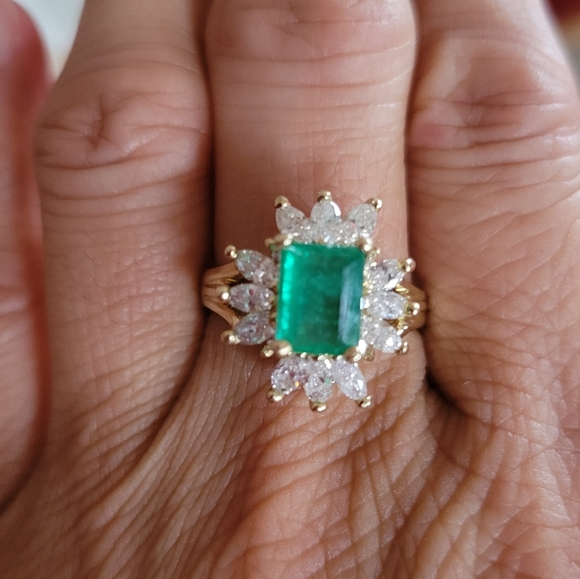 Art deco 14k yellow gold 3ct emerald diamonds ring size 8 - Picture 7 of 12